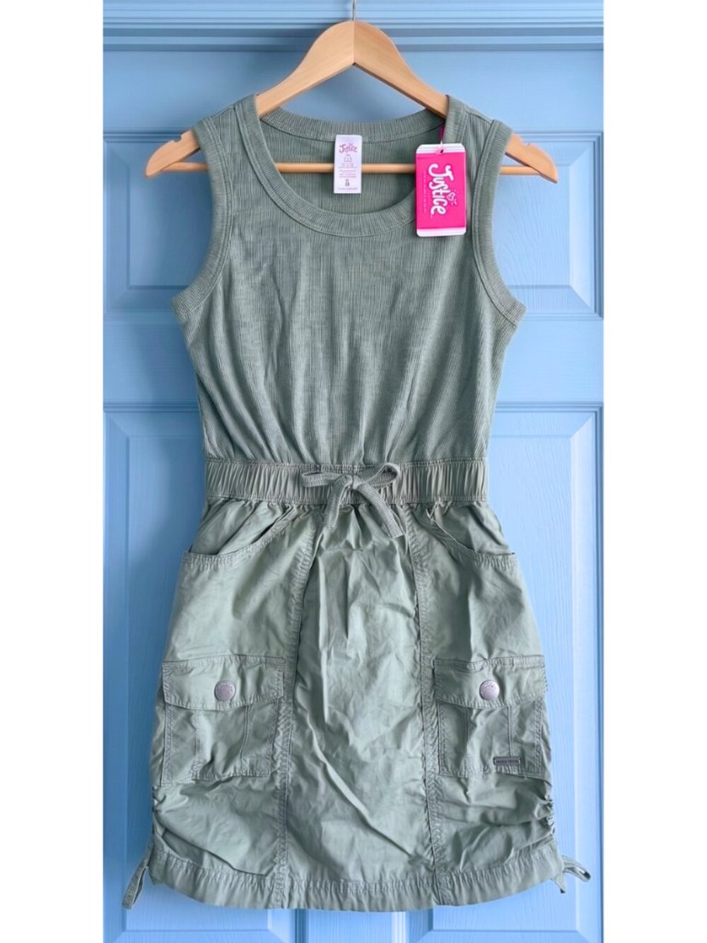 JUSTICE One Piece Sleeveless Cargo Dress Army Olive Green - Size S (7-8) NEW